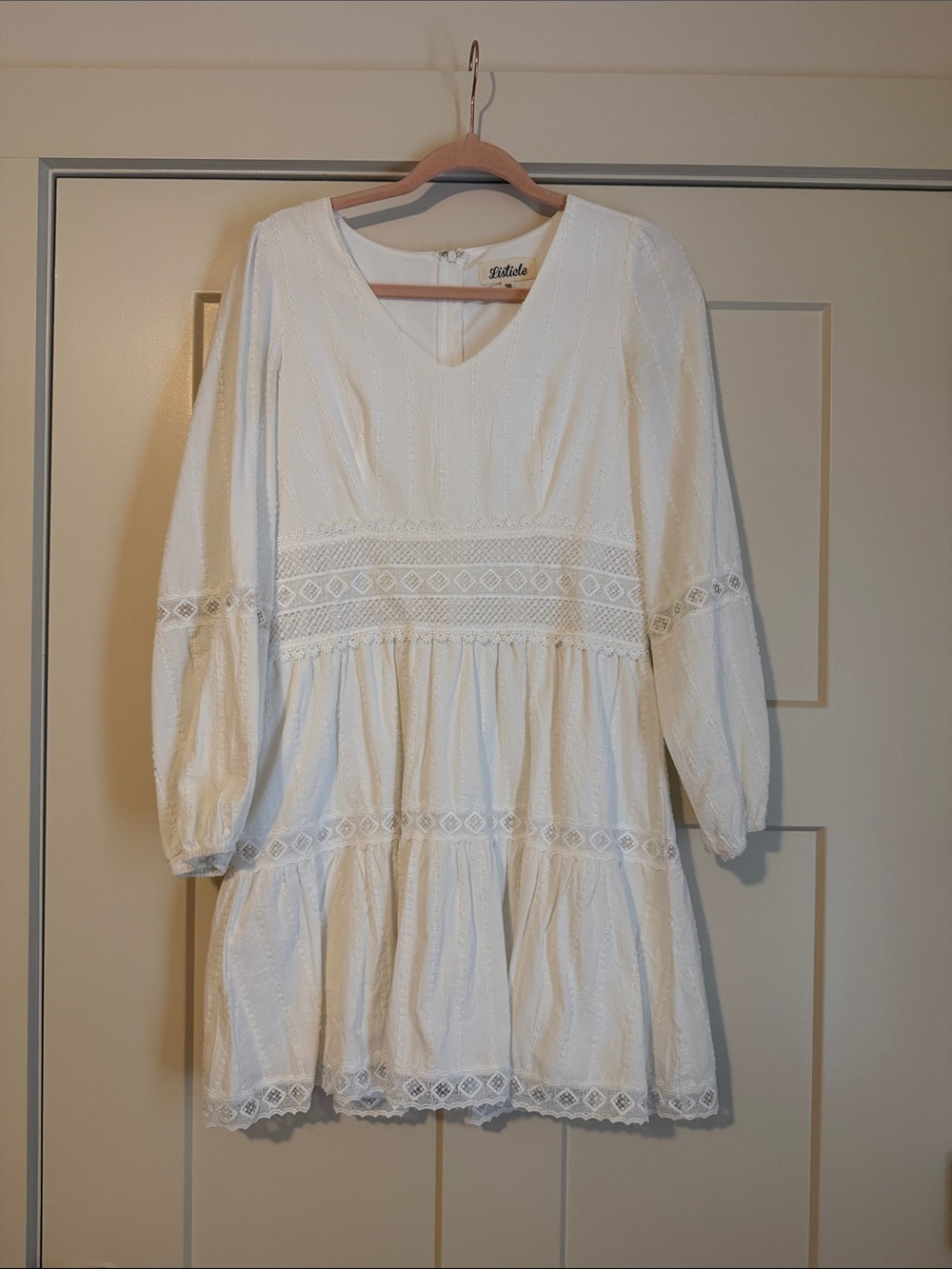 White Eyelet Tiered Long-Sleeve Dress